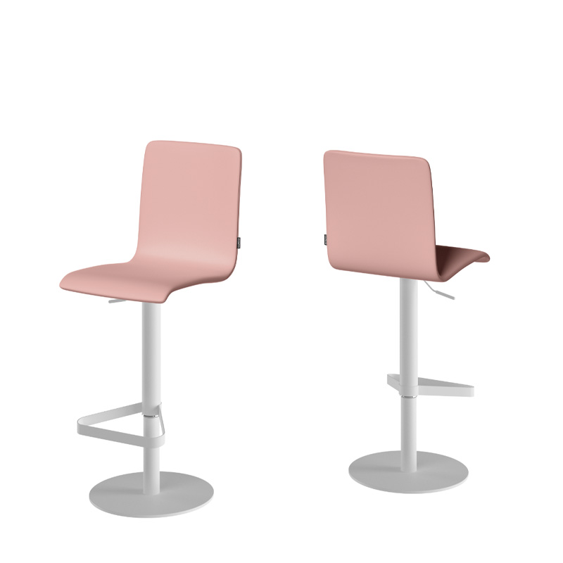 Taburete PALMA con estructura redonda en blanco y asiento tapizado rosa