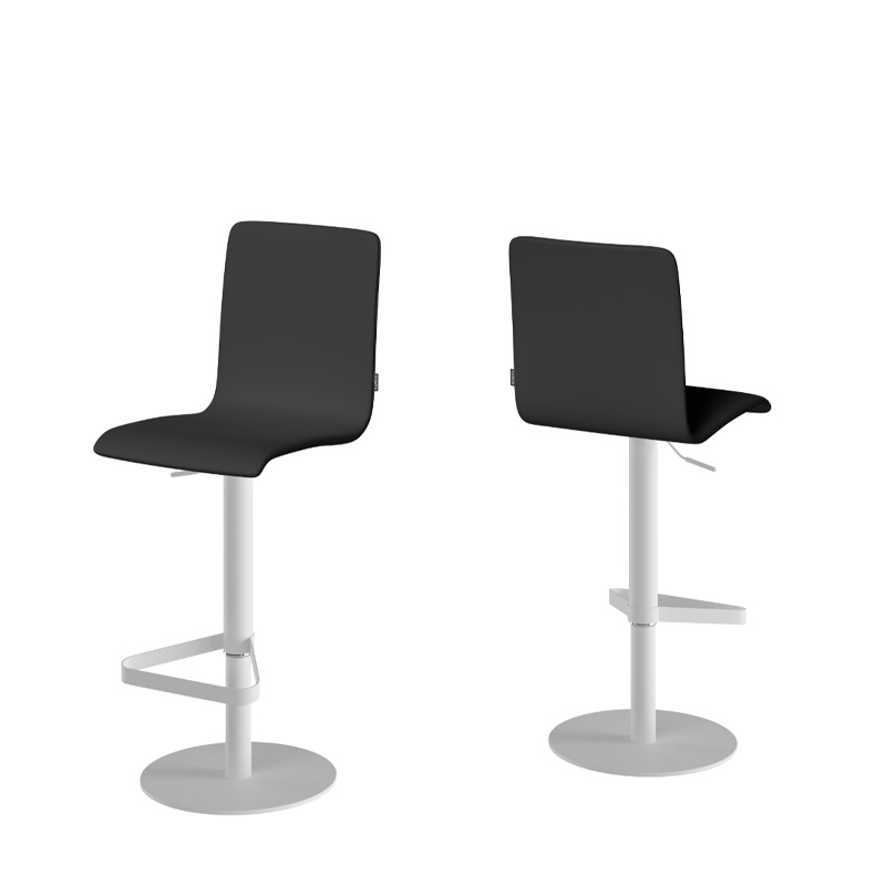 Taburete PALMA con estructura redonda en blanco y asiento tapizado negro