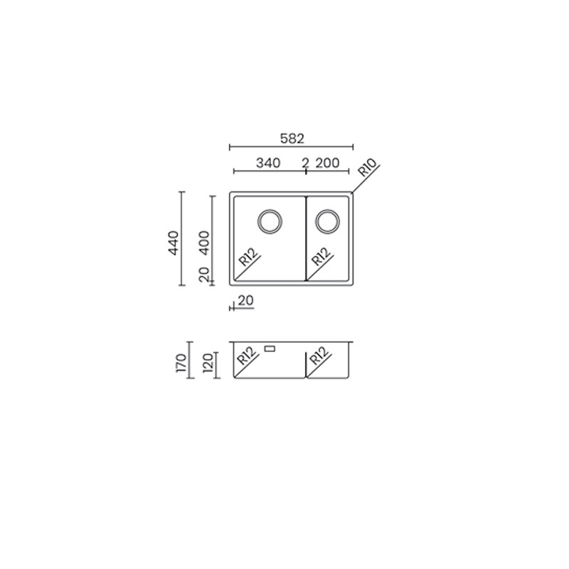 Fregadero ICON de dos senos con división baja y diseño minimalista