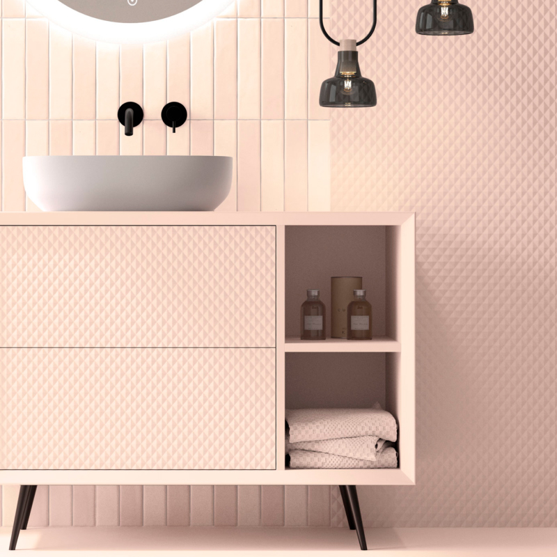 Mueble baño rosa con textura SUE LUX de 2 Cajones y 2 Huecos