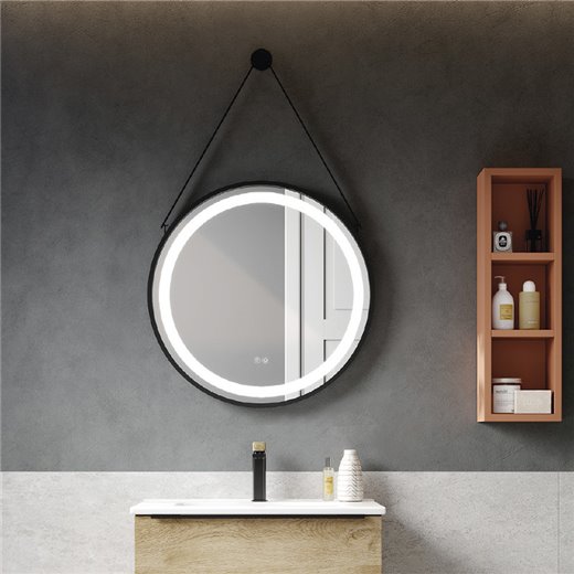 espejo babero redondo para baño con luz LED frontal y antivaho AURA STRAP