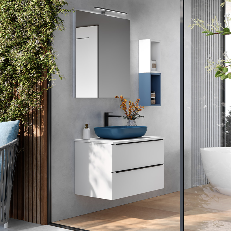 Conjunto de baño, mueble suspendido+columna+espejo+lavabo BASIC pino  blanco, 70 x