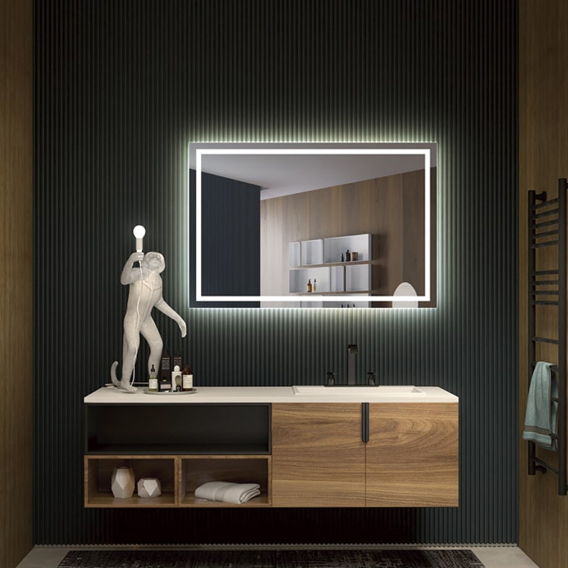 espejo cuadrado retroiluminado para baño con luz LED frontal y antivaho FRANCIA