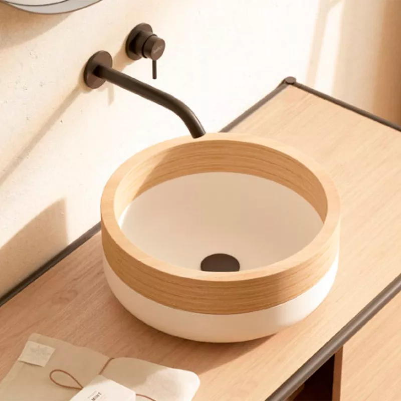 Lavabo Sobre Encimera LUCCA de solid surface con borde de madera