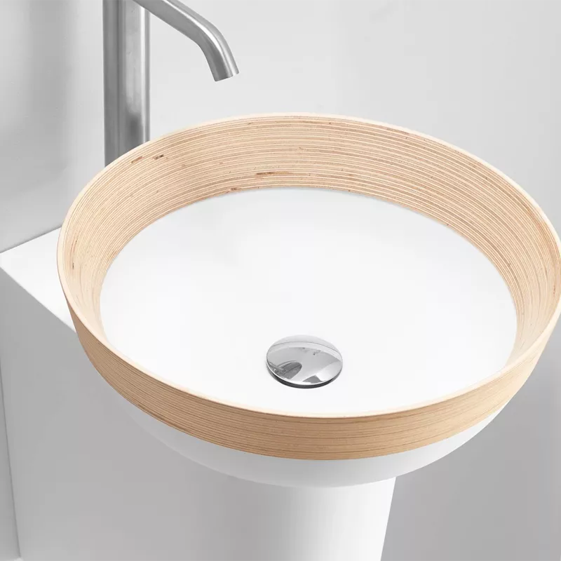 Lavabo Sobre Encimera VOLTERRA de solid surface con borde en madera