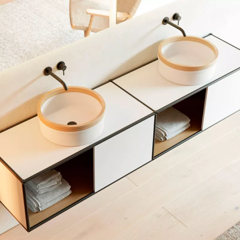 Lavabo Sobre Encimera PRATO de solid surface con borde en madera