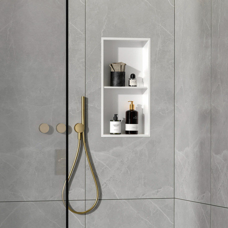 Hornacina baño vertical con estante, 30x60 cms, en acero inox y PVD