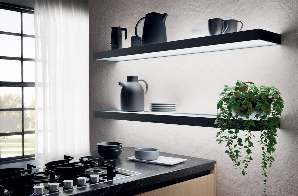 Estante de cocina con luz LED y marco de aluminio negro