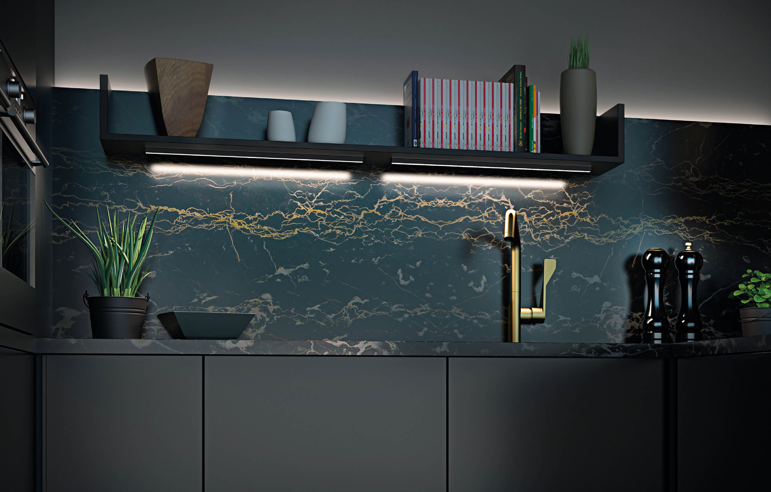 Luz bajo mueble cocina NOIR BLACK - con difusor negro MOSCA