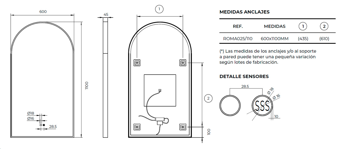 MEDIDA ESPEJO ROMA LEDIMEX