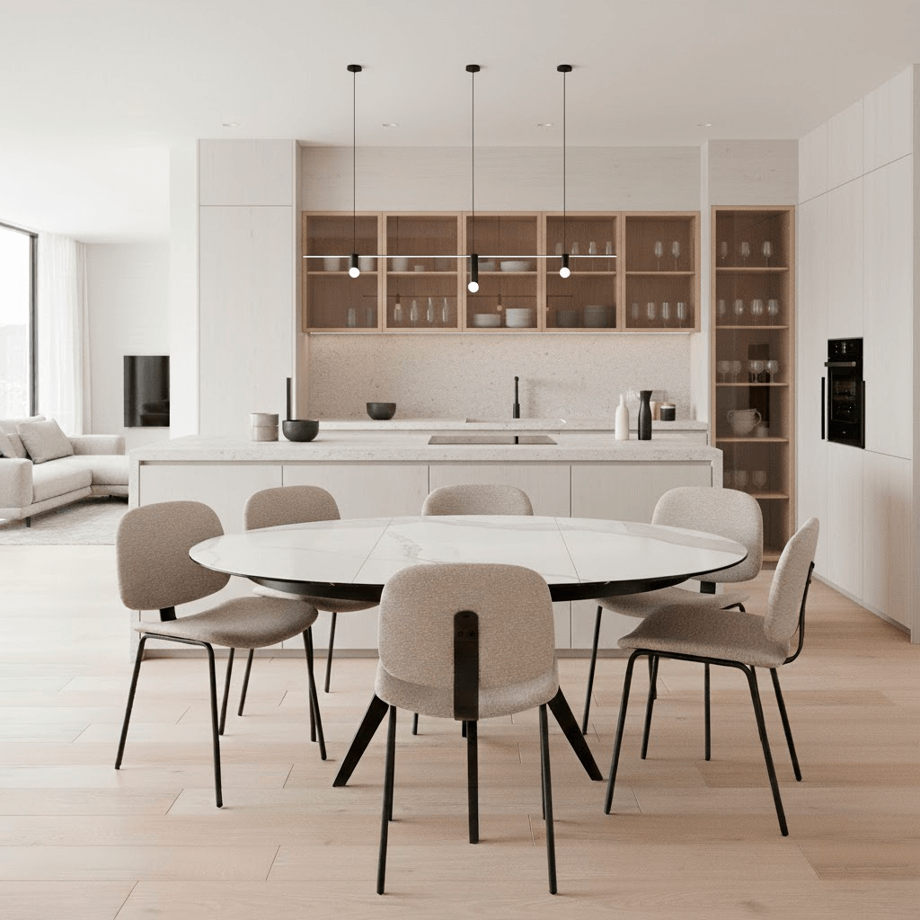 mesa porcelánico comedor extensible redonda calacatta nordica