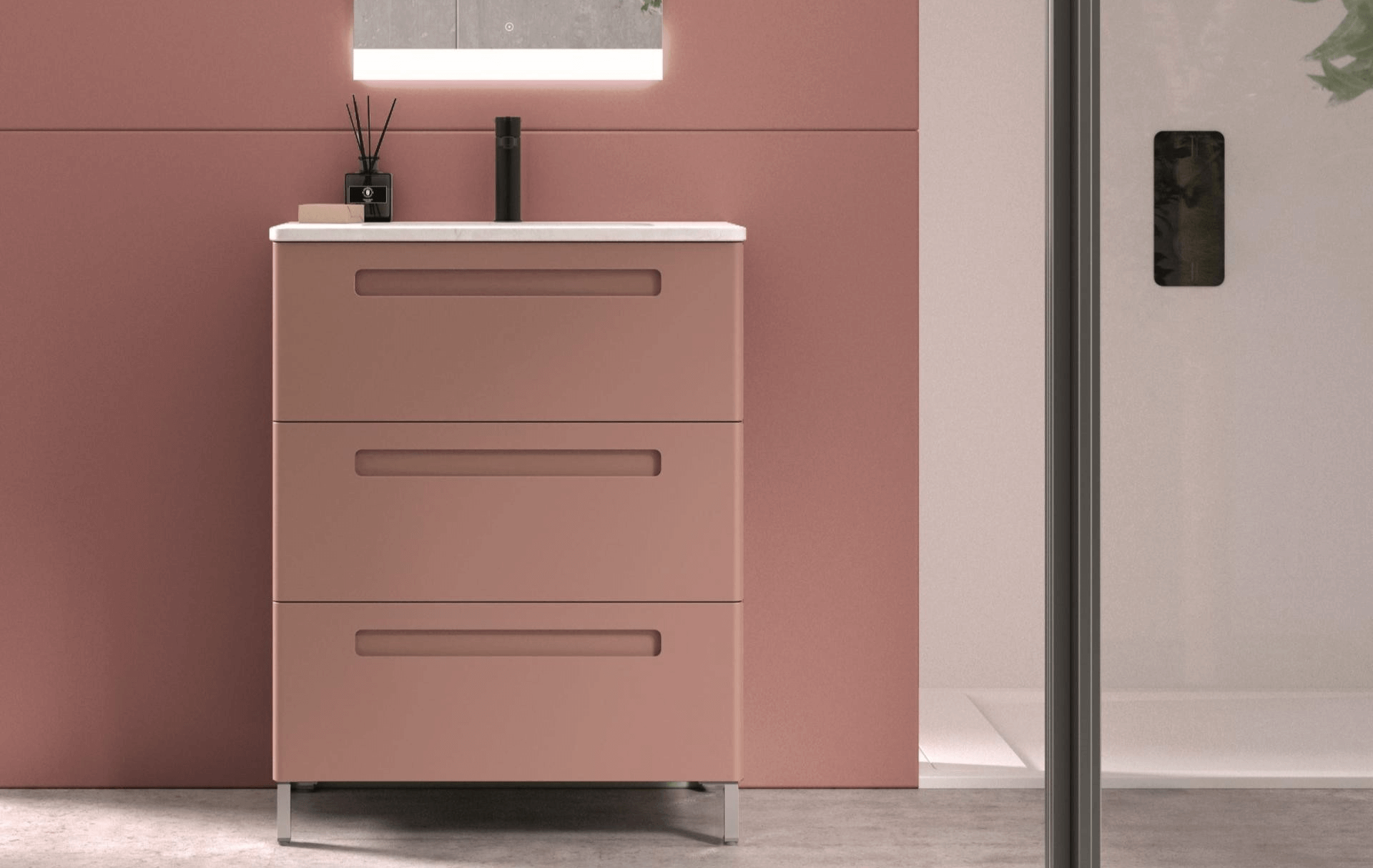 mueble baño fondo reducido 3 cajones rosa