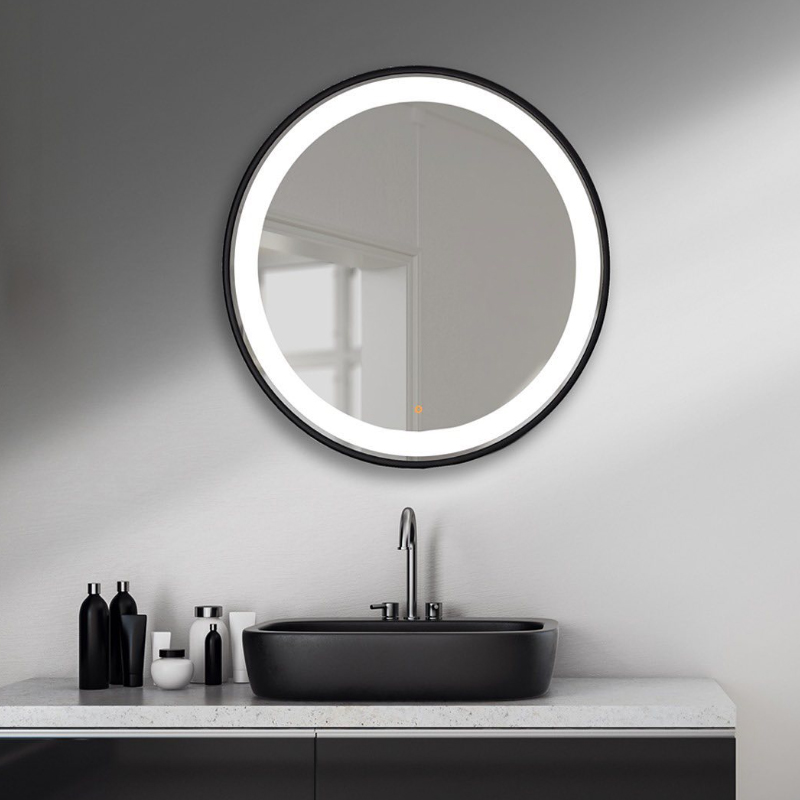 espejo circular con marco negro