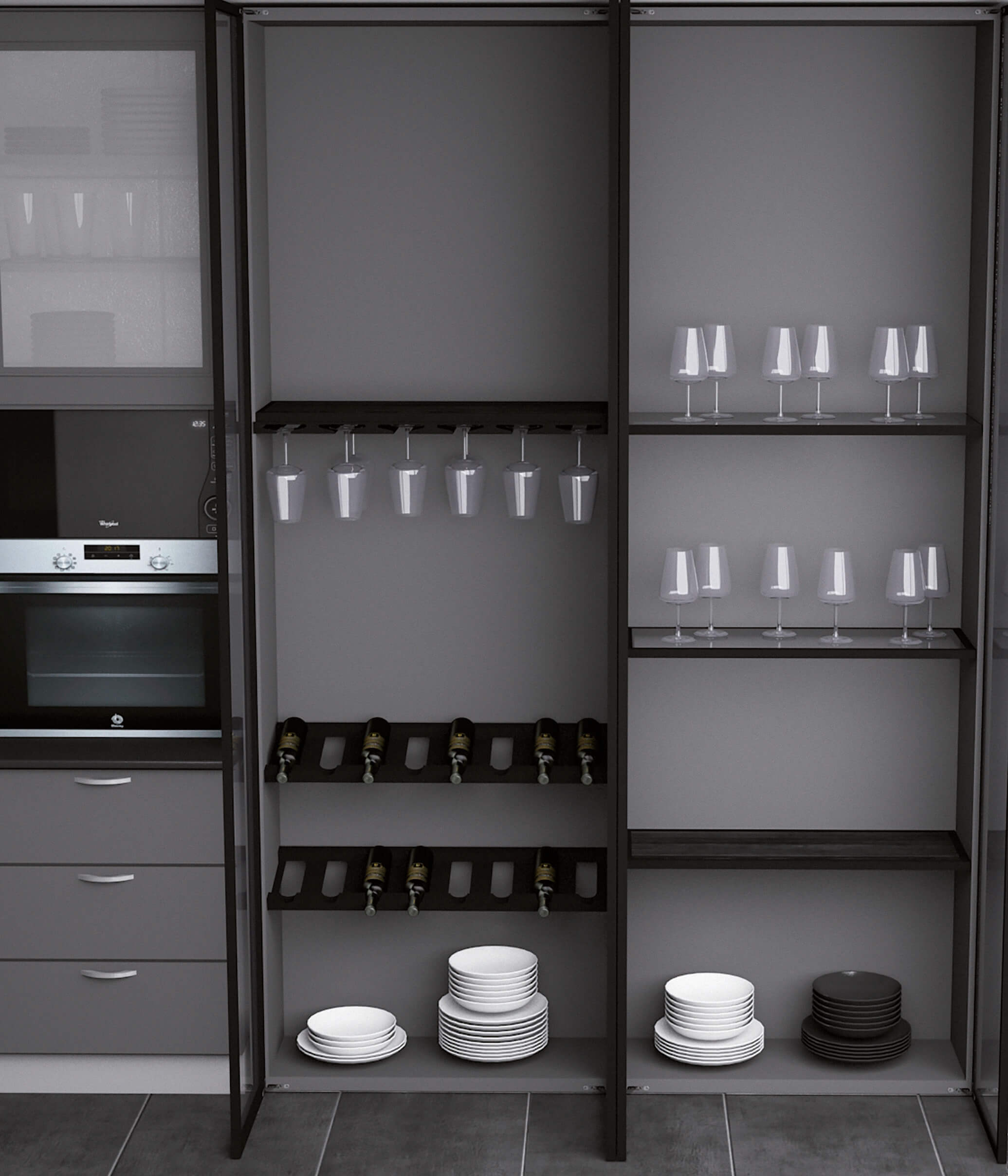 vinoteca en cocina con soporte para copas de vino y porta botellas metalico negro ENJOY